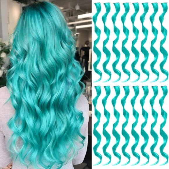16PCS Curly Wavy Teal Blue Streaks Synthetic Hairpiece Clip-in Hair Extensions
